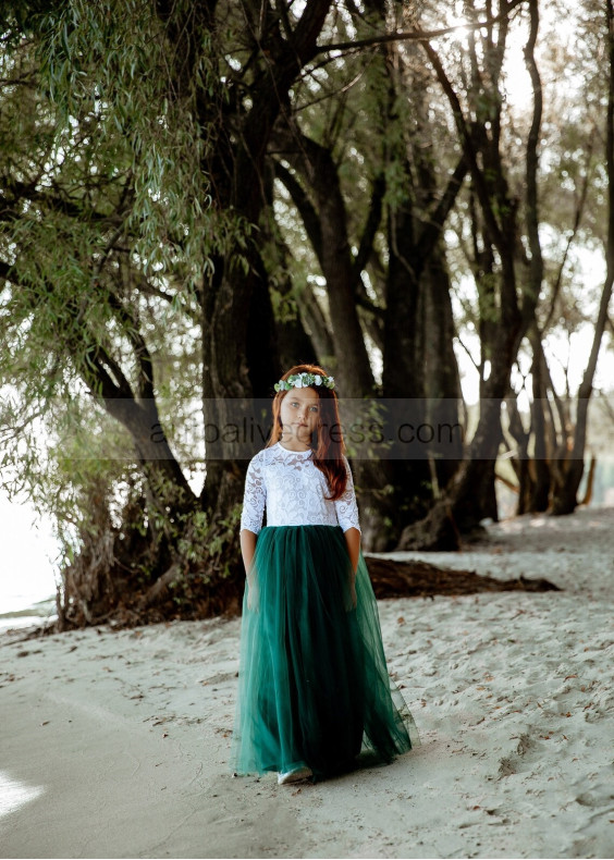 Ivory Lace Emerald Green Tulle Keyhole Back Flower Girl Dress